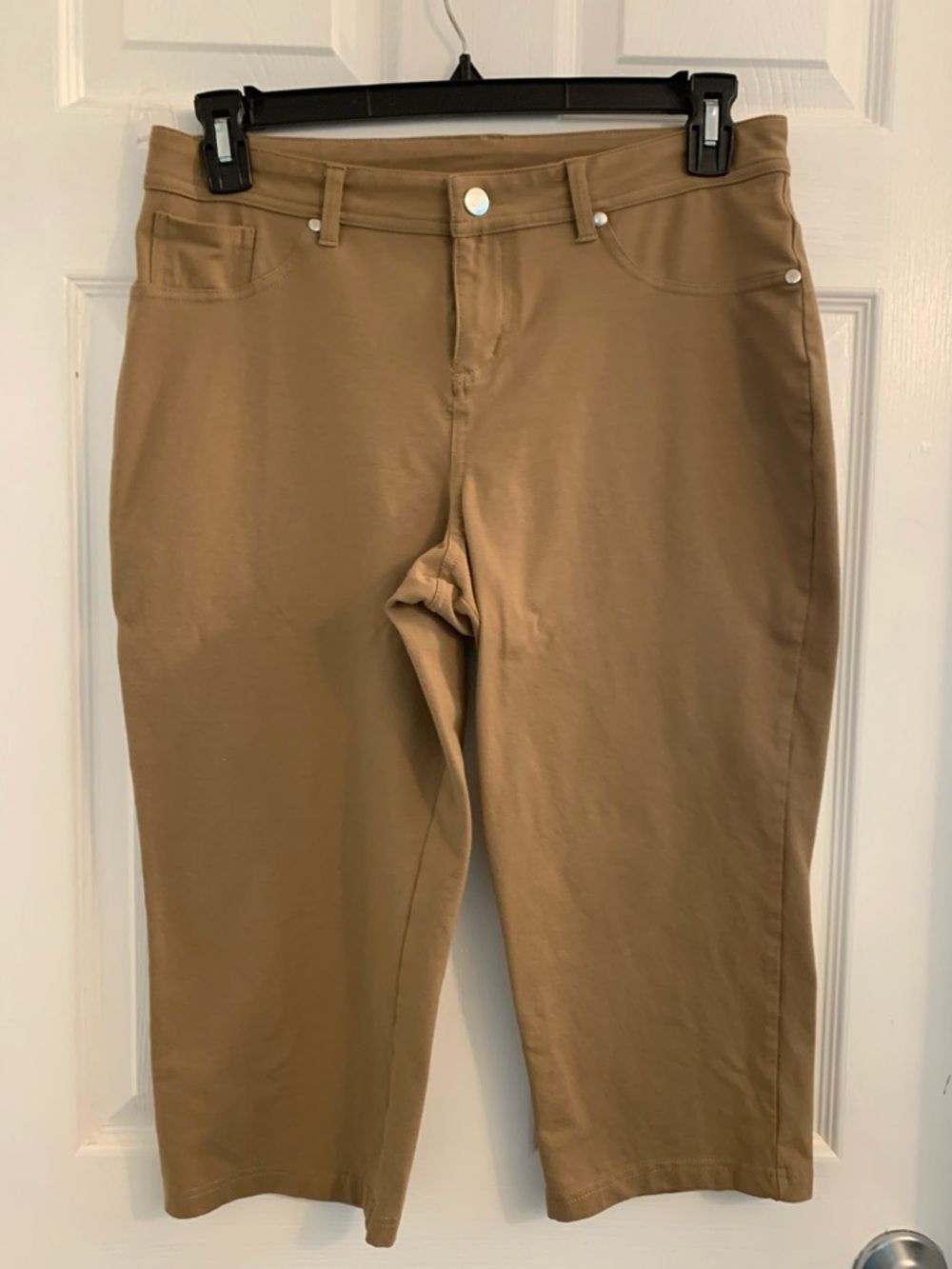 Women with Control Stretch Capri Pants in Tan.